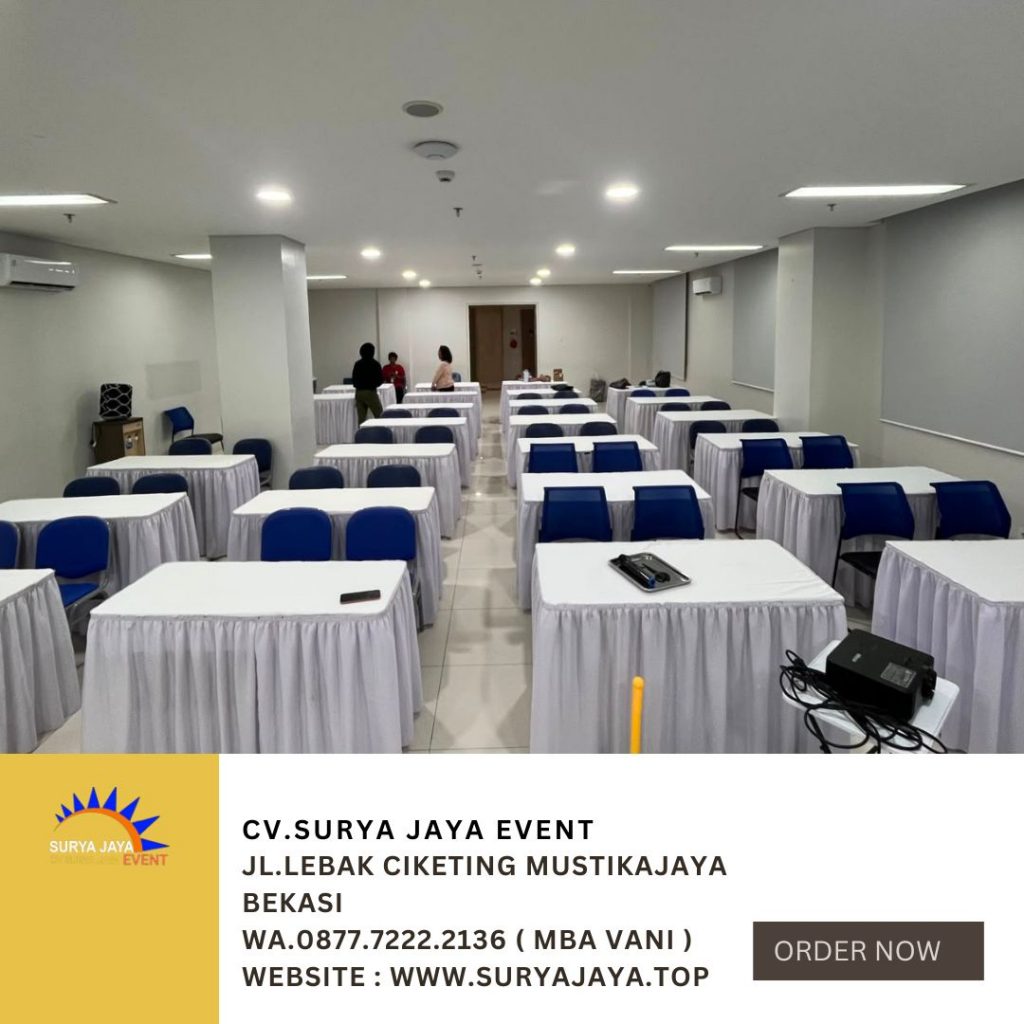 Sewa Meja Kotak Ukuran 120x60cm Taplak Skirting Putih Depok