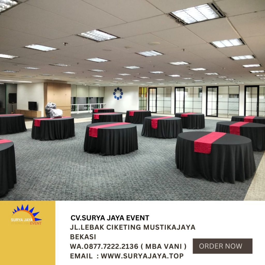 Sewa Round Table Taplak Hitam Runner Merah Di Jakarta