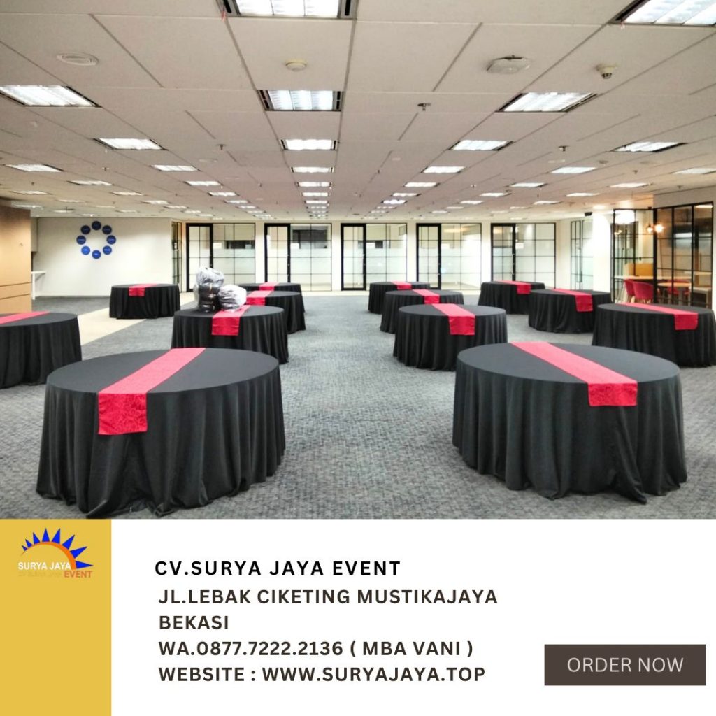 Sewa Round Table Taplak Hitam Runner Merah Di Jakarta