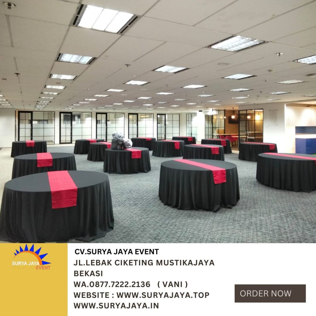 Sewa Round Table Taplak Hitam Runner Merah Di Jakarta
