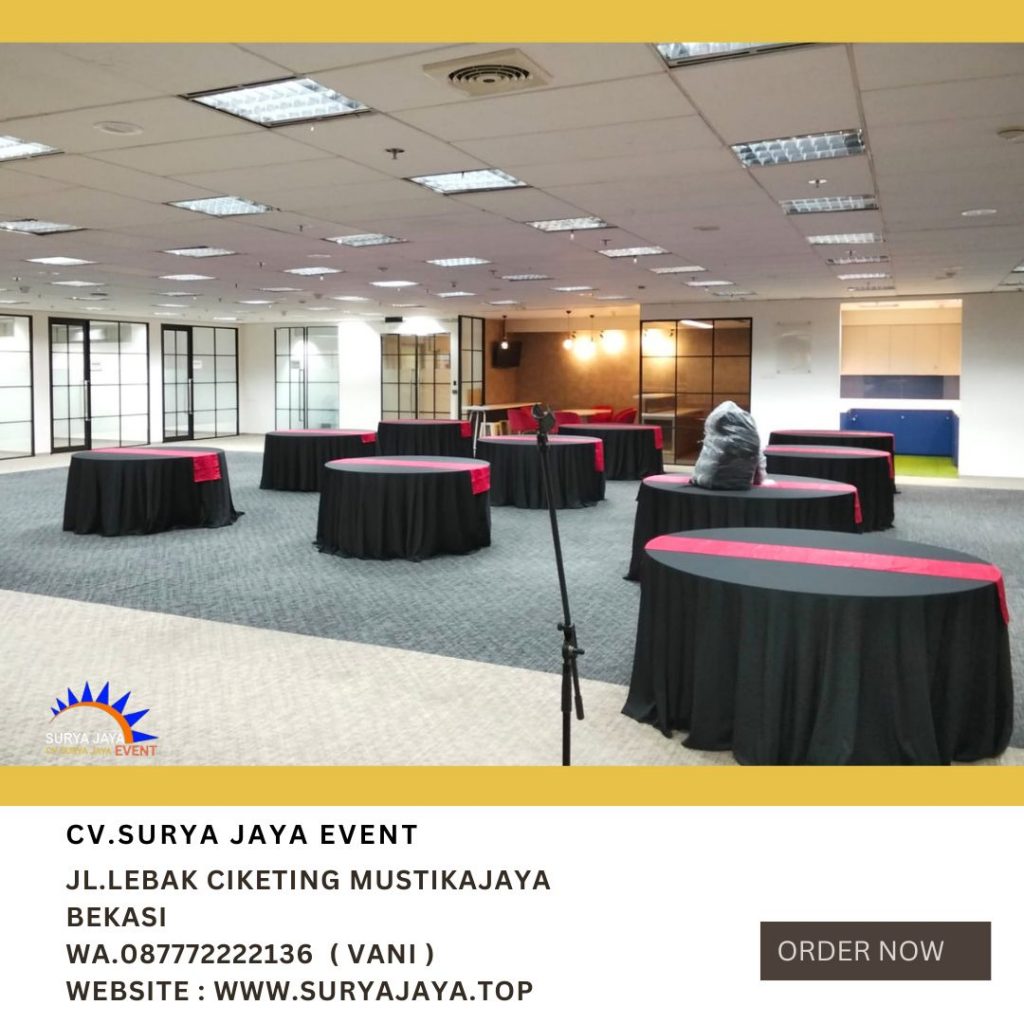 Sewa Round Table Taplak Hitam Runner Merah Di Jakarta