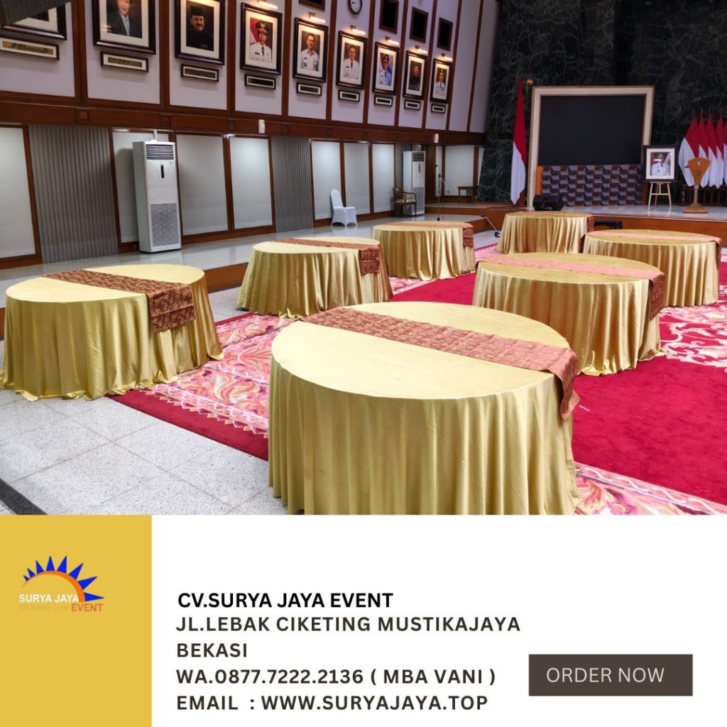 Sewa Meja Bulat D160cm Cover Gold Dan Runner Event Balai Kota Jakarta