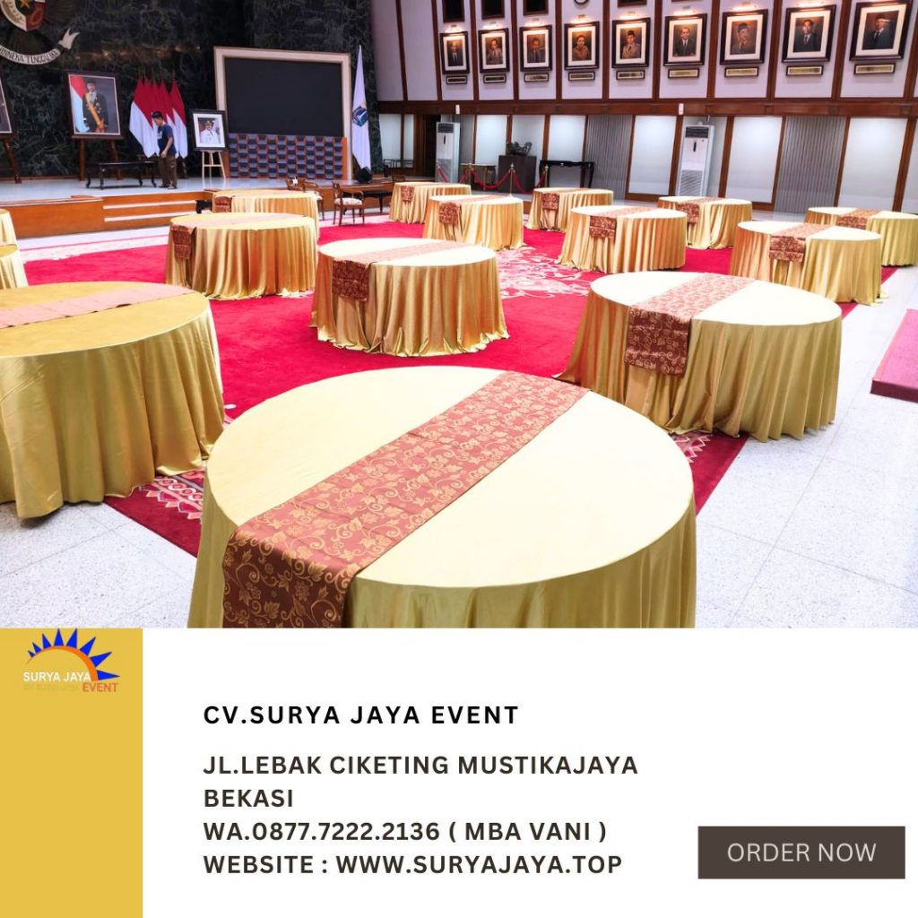 Sewa Meja Bulat D160cm Cover Gold Dan Runner Event Balai Kota Jakarta