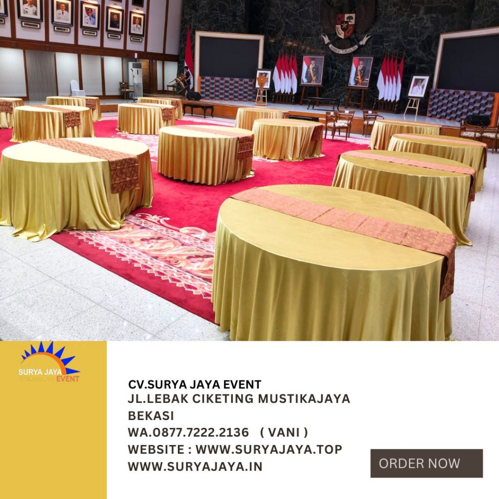 Sewa Meja Bulat D160cm Cover Gold Dan Runner Event Balai Kota Jakarta