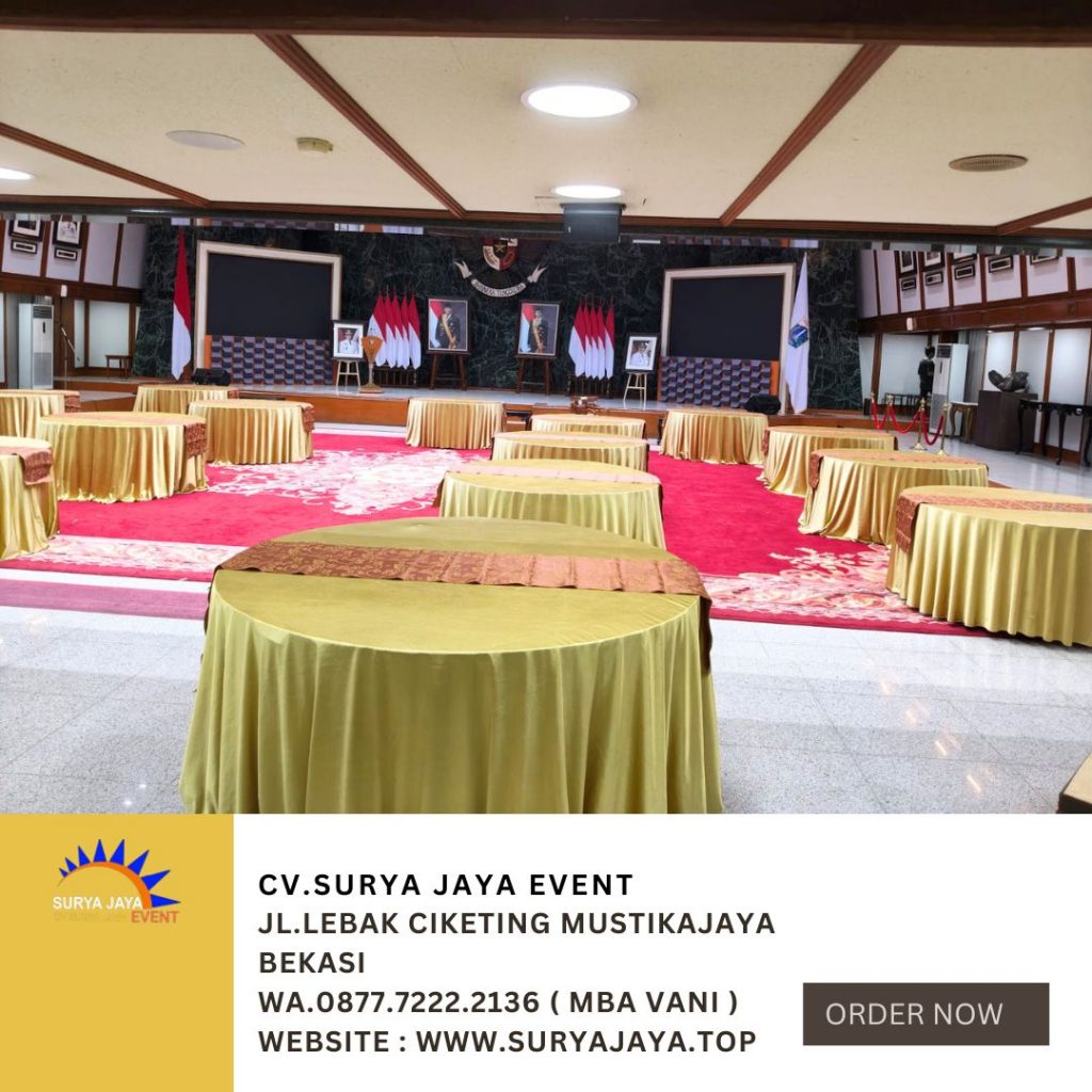 Sewa Meja Bulat D160cm Cover Gold Dan Runner Event Balai Kota Jakarta