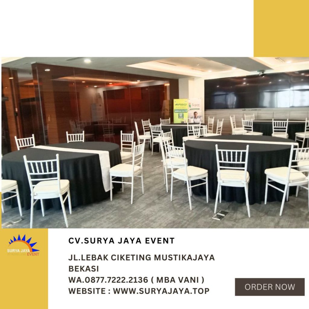 Sewa Round Table Cover Tebar Hitam Dan Kursi Tiffany Putih Di Jakarta