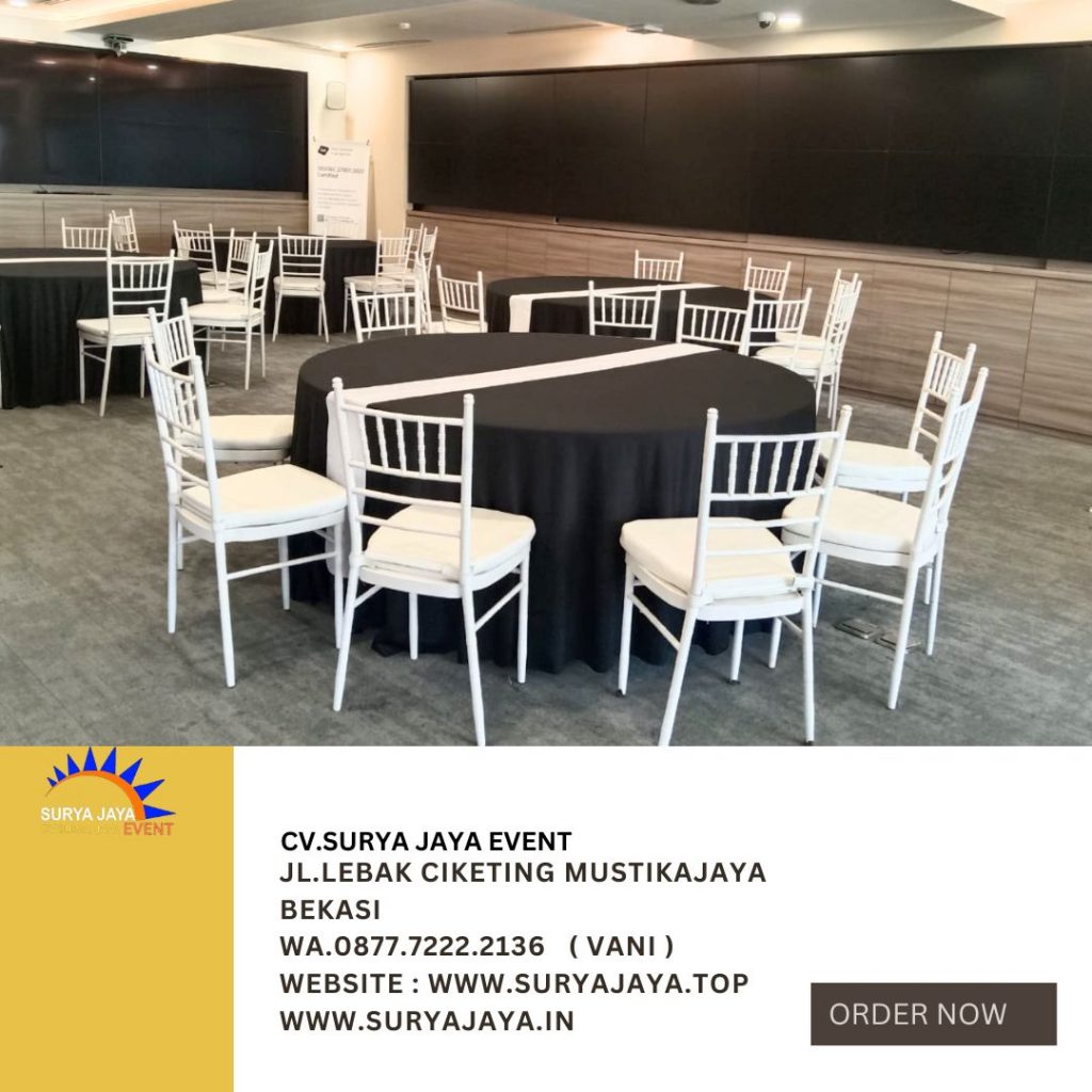 Sewa Round Table Cover Tebar Hitam Dan Kursi Tiffany Putih Di Jakarta