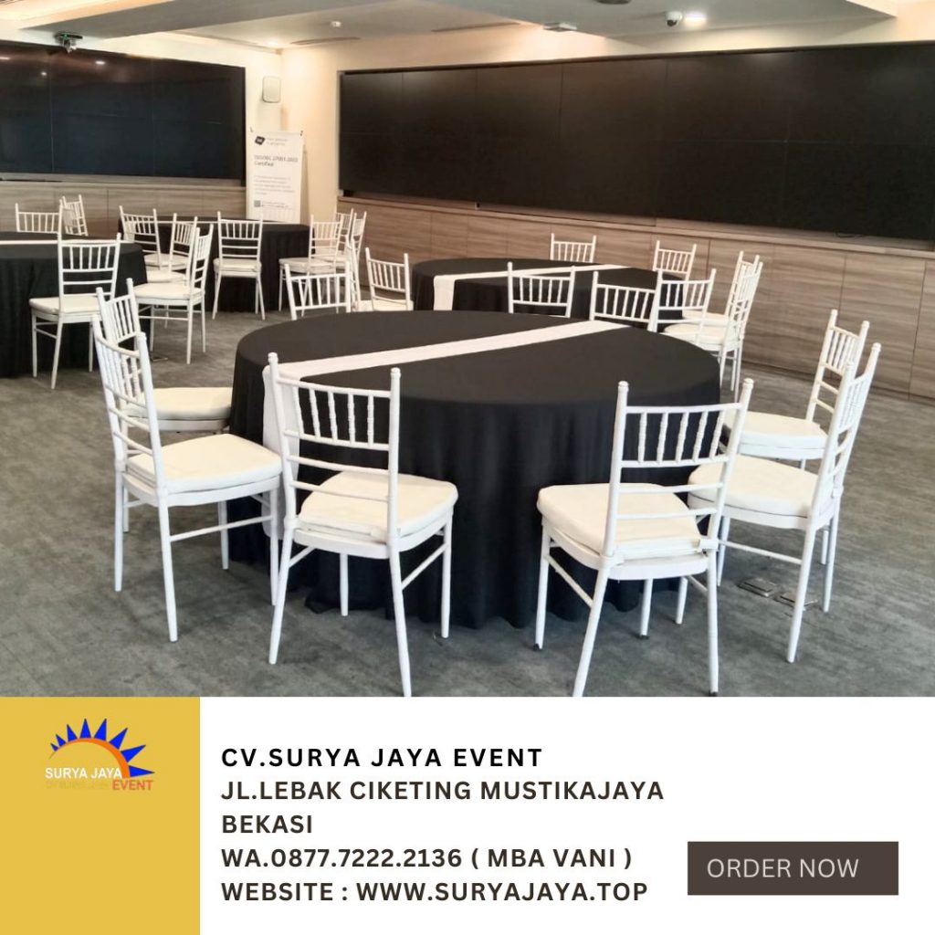 Sewa Round Table Cover Tebar Hitam Dan Kursi Tiffany Putih Di Jakarta